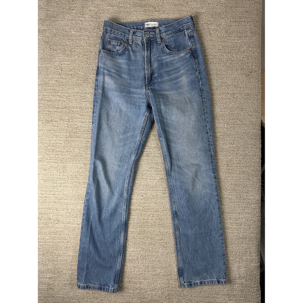 Zara High Waisted Straight Leg Jeans Medium Wash Blue Cotton Denim Size 4